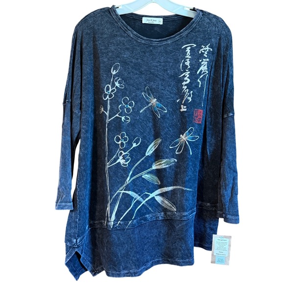 Jess & Jane XL Curiosity Top Asian  Dragonfly Tunic Women's Black Cotton - Picture 2 of 10